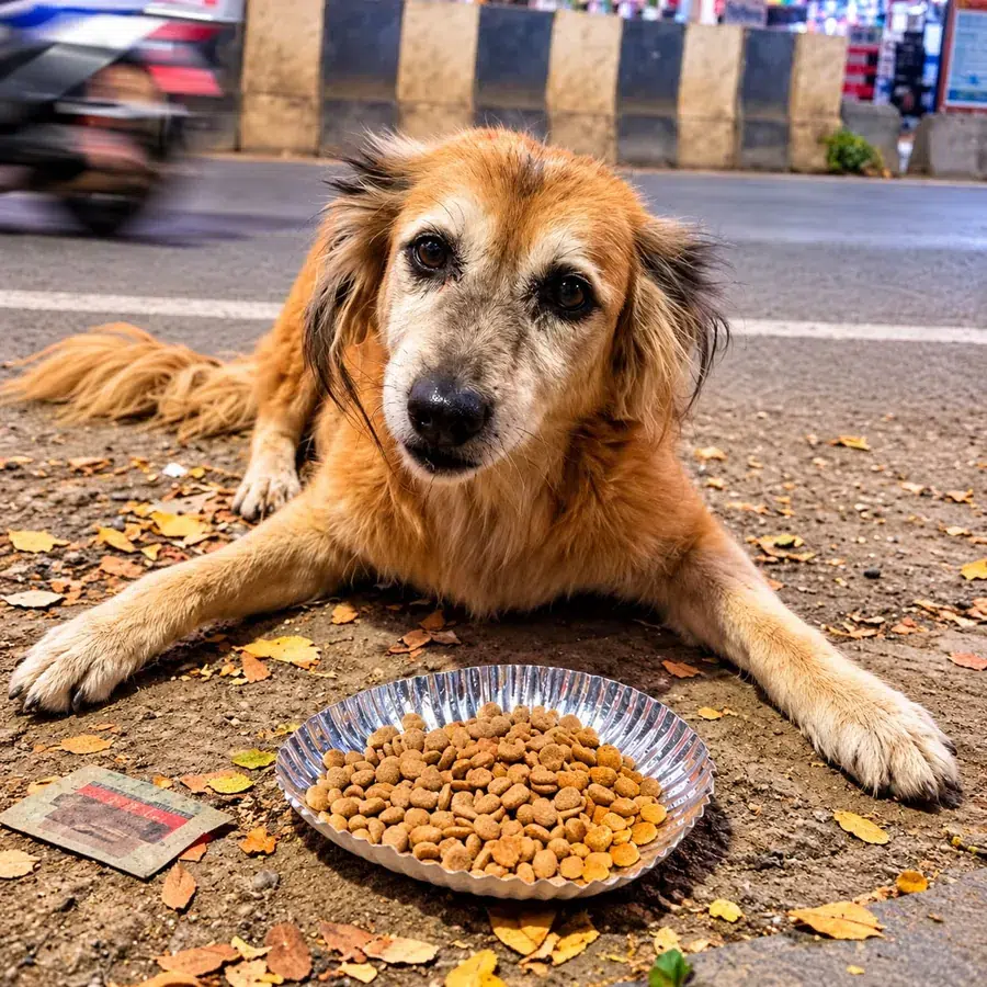 Street dog eating a meal during daily feeding